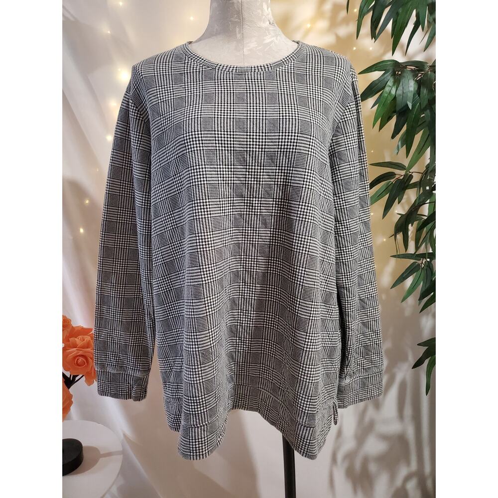 Lands End Womens Quilted Plaid Tunic Sweatshirt Size L Black White Crewneck